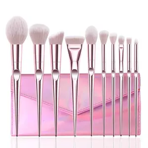 FEIYAN Portable Makeup Brush Kit Plastic Handle 10pcs PINK Acrylic Vegan Make Up Cosmetic Brush Set With Bag