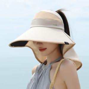 Sombrero de protección solar de verano para mujer, sombrero de ala ancha con cubierta para el cuello, protección UV, plegable, para ciclismo al aire libre, color beige - Product Image 1