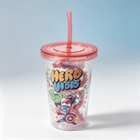 Gobelet en plastique pour enfants, super-héros de dessin animé, avec couvercle et paille, sans BPA, réutilisable, transparent, cadeau pour fête d'anniversaire