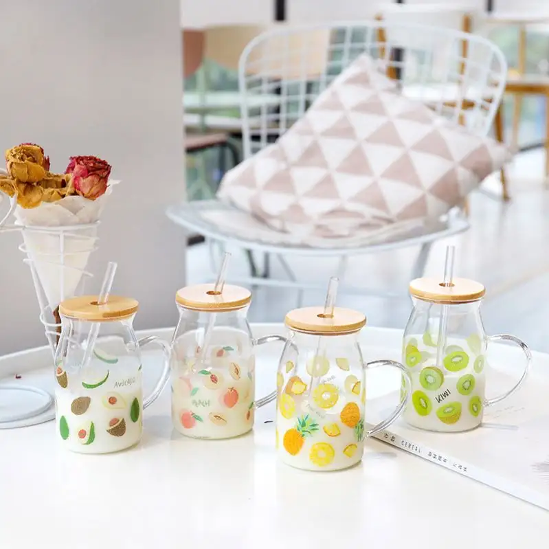 Zogilts 다채로운 과일 동기 부여 유리 병 대나무 물 컵 뚜껑과 밀짚 사무실 주스 우유 컵