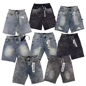 Custom Men's <b>Harem</b> <b>Shorts</b> Distressed Worsted Vintage Diamond Baggy Acid Wash Raw Hem All-rhinestone Design Summer Hip Hop - Product Image 1
