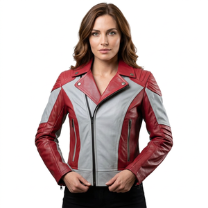 Chaqueta de Moto Casual de Cuero Genuino Rojo Gris con Estampado Animal, Cierre de Cremallera, Cuello Camisero, Corte Ajustado, Unisex, para Invierno - Product Image 1