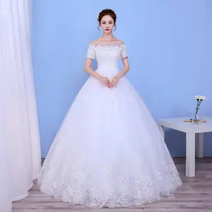 2022 Günstige Prinzessin Kurzarm Rundhals ausschnitt Braut ballkleid Elfenbein Boden länge Plus Size Brautkleid Für den Verkauf