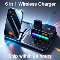 Promotionele Geschenken Magnetische Bureau Draagbare 6-in-1 Draadloze Oplader Met BT Speaker RGB Nachtlampje Wekker voor Kantoor T50