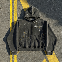 Sweat-shirt à capuche zippé noir délavé vintage pour homme, imprimé éclaboussures d'étoiles et lettres, coupe oversize courte, style streetwear