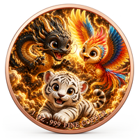 Médaille de collection en métal 3D à double face, 1 oz, en cuivre 999, représentant des créatures mythiques en bataille, avec relief haut et finition UV colorée effet proof-like