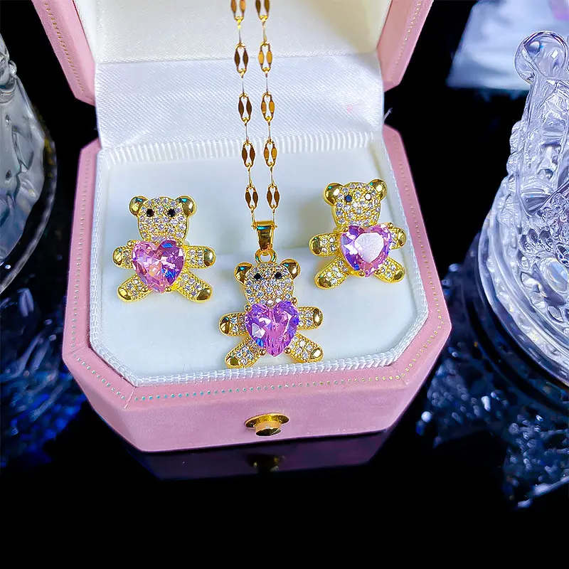 Real Gold Galvanizado Exquisite Amor Teddy Bear Diamante Colar Brincos Conjunto De Jóias