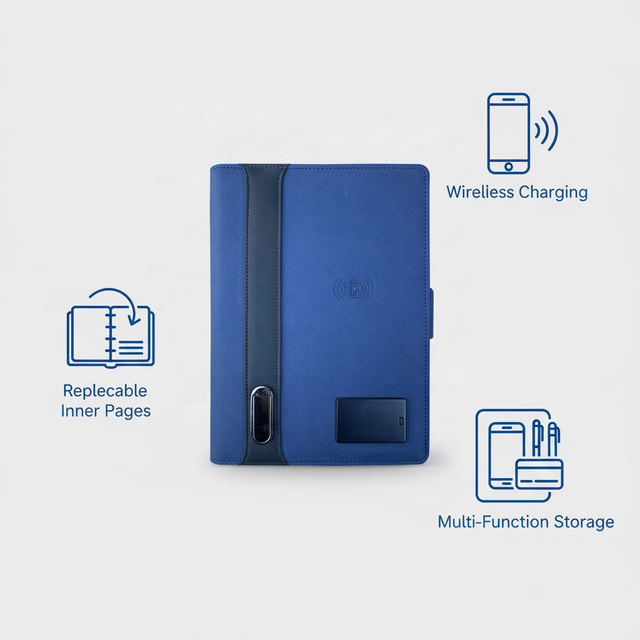 Luxury PU Leather A5 Printed Loose-Leaf Wireless Charger with USB Powerbank Organizer Planner Promotion Notebook