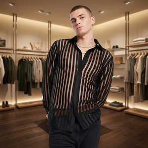 Stock ODM <b>Men's</b> Sexy <b>See</b>-<b>through</b> Plus Size Dot Printed Long Sleeve Loose Casual <b>Shirt</b> Anti-Wrinkle Breathable Polyester Spring - Product Image 3