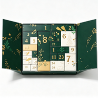Calendrier de l'Avent de Noël 24 Jours, Boîte Rigide en Kraft Vert et Or à Motifs Floraux, Compartiments Numérotés, Cadeau Familial et pour Enfants