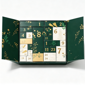 24 Day <b>Christmas</b> Countdown Calendar <b>Box</b> with Green Gold Floral Design Numbered Compartments for Family Kids and Holiday Gifting - Product Image 1