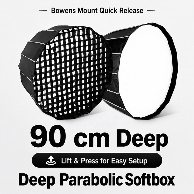 90cm Deep Parabolic Softbox with Grid, Bowens Mount Quick Release Light Modifier for Studio Flash, LED Video & Portrait