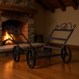 Support à bois décoratif en acier avec roulettes, porte-bûches pour cheminées, style classique, revêtement poudré noir - Product Image 2