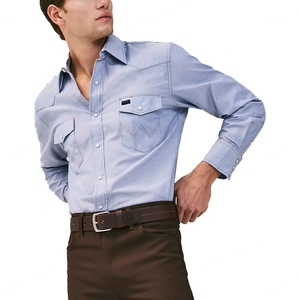 T-shirt à manches longues pour homme, style décontracté chic, col classique, avec poche, en chambray, manches à revers, style western - Product Image 2