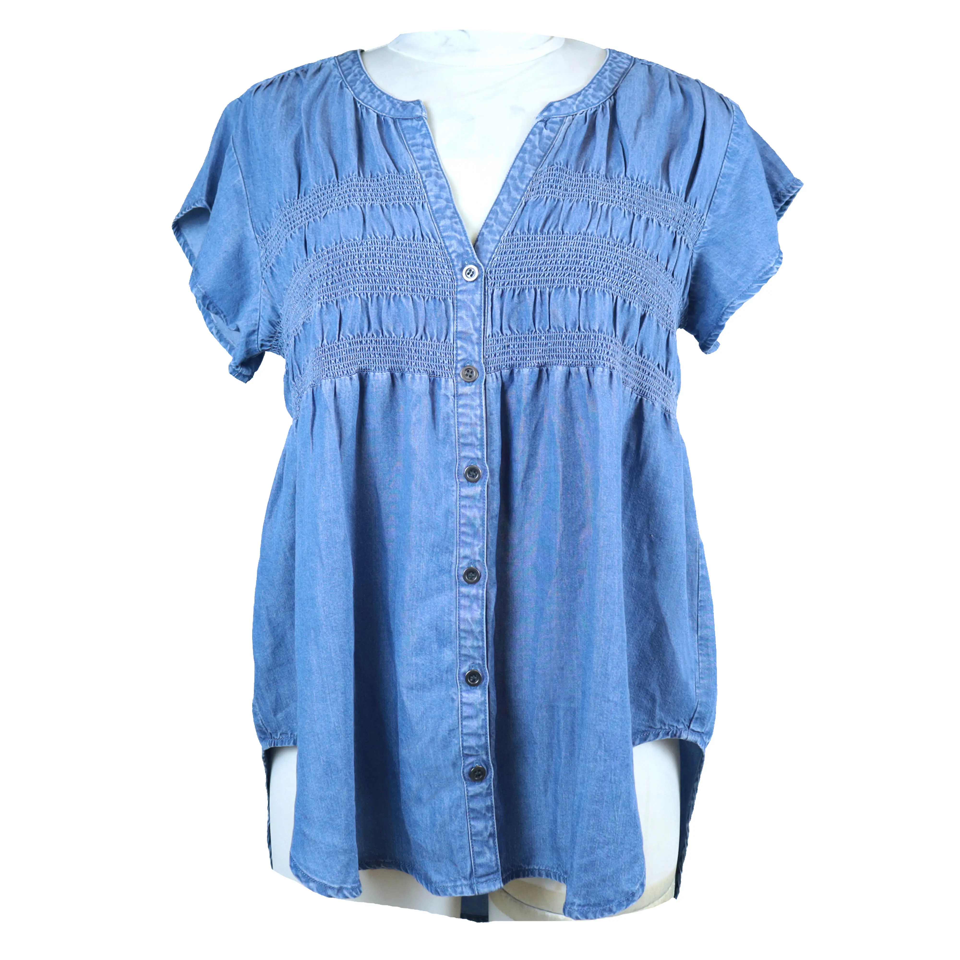 Blus atasan Denim Balut wanita, atasan lengan pendek denim kerah v untuk perempuan