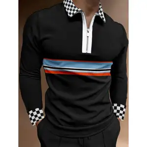 2021 New autumn men's long-sleeved lapel blue striped lattice metal chain T-shirt Slim men's shirt