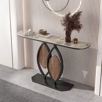 Table Console Simple avec Plateau Long Décoratif en Marbre, Base en Métal Noir et Or pour Salon