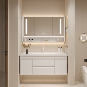 Meuble-lavabo de salle de bain moderne avec miroir LED intelligent, armoire murale étanche et lavabo intégré - Product Image 1