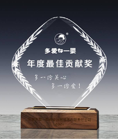 Trophée en cristal gravé sur mesure, écologique, avec design sablé et base en bois, pour les compétitions de reconnaissance d'entreprise