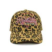 Op maat gemaakte gepersonaliseerde design luipaardprint met diamanten versiering, 6-delige baseballcap, snapback cap met metalen gesp
