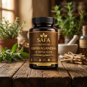 SAFA พรีเมี่ยม อัชวาคันธา 60 แคปซูลสำหรับบรรเทาความเครียด บำรุงเส้นผม ผิวกระจ่างใส - ผลิตภัณฑ์เสริมอาหารสมุนไพรธรรมชาติสำหรับเด็ก - Product Image 1