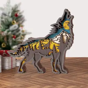 Holz Wald Tiere Holz Wolf Dekor Howling Schreibtisch Dekor ausgehöhlt Multilayers Skulptur Rustikale Wohnkultur Ornament