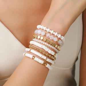 Minimalist Polymer Clay <b>Bracelet</b> Set White Stackable Geometric <b>Beaded</b> Jewelry Gift For Women <b>Men</b> Unisex Fashion Charm <b>Bracelets</b> - Product Image 1