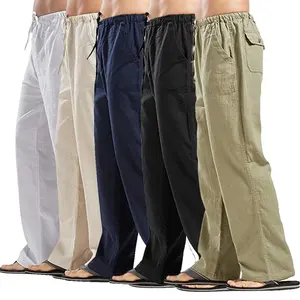 กางเกงคาร์โก้ขายาวสำหรับผู้ชาย,กางเกงแฟชั่นผ้าลินินทรงหลวมสีล้วนระบายอากาศได้ดีขนาดใหญ่พิเศษสำหรับโรงงาน