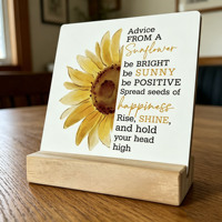 Plaque de bureau en bois rustique avec support, motif Tournesol et message de sagesse, 4 x 4,3 pouces, Décoration intérieure