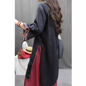 Chinese Style Cotton Linen Dress Mandarin Collar Embroidery Loose Fit Mid Length <b>Three</b> Quarter Sleeves Daily Wear Green Black - Product Image 4