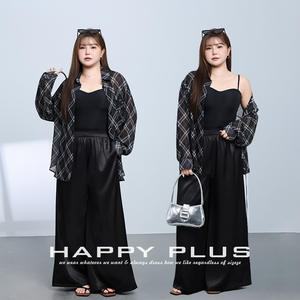 รันฉีชุดสามชิ้นของผู้หญิง เสื้อเชิ้ตลายสก๊อต สีดำ เสื้อสายเดี่ยว กางเกงขากว้าง ชุดสูทลำลองผ้าชีฟอง N9060 - Product Image 2