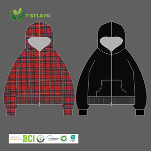 Fabricants personnalisé double couche réversible fermeture éclair à carreaux recadrée Boxy double flanelle double face à capuche fermeture éclair pour hommes - Product Image 1