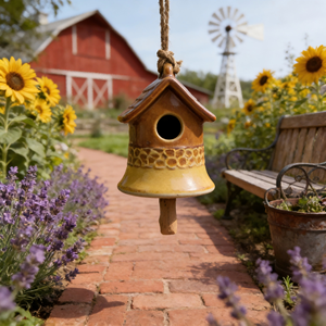 בית ציפורים תלוי מקרמיקה בצבע כחול אומברה - קישוט לגינה בסגנון קוטג' - Product Image 6