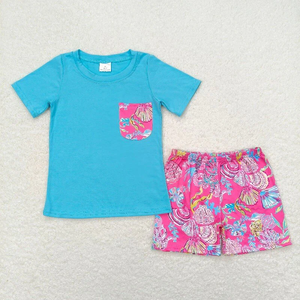Vêtements d'été décontractés en gros pour enfants : Ensembles assortis frères et sœurs, shorts imprimés coquillages roses, robes et tenues pour filles et garçons - Product Image 5