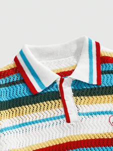 Polo in maglia da uomo personalizzata estiva con design traforato, 100% cotone, a maniche corte, stile preppy, con ricamo e vestibilità ampia - Product Image 3