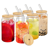 BS 16oz bière canette verres à boire peut tasses en verre en forme de jus verres à café glacé avec couvercle en bambou et paille en verre