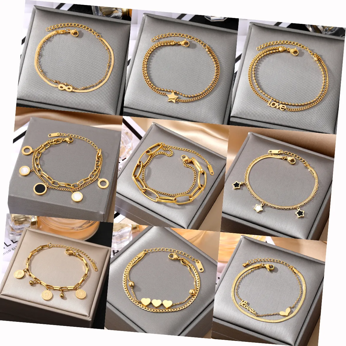 VKME Punk Stainless Steel Double Layered Bracelet Gold Plated Thick Flat Cuban Chain Bracelet for Women Men