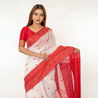 Saree Katun Putih Merah Bordir Tepi Tradisional Pakaian Pernikahan India Wanita Elastis Anti Kusut Menyerap Keringat Tahan Panas