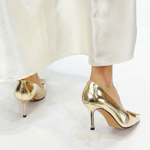 รองเท้าส้นสูงผู้หญิงแบบมีสายรัดหัวเข็มขัดทรงสี่เหลี่ยมประดับเพชร พื้นผิวโลหะ หนังแท้ พื้นบาง เหมาะสำหรับงานเลี้ยง - Product Image 4