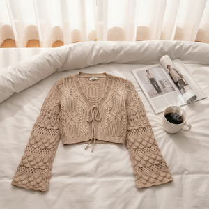 HANO Cardigan en tricot pour femme, couleur kaki, à lacets sur le devant, manches longues, col en V, à œillets, style décontracté et tendance, collection automne - Product Image 4