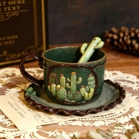 Mug à café en céramique bleu gris avec motif de cactus peint à la main et poignée noire, cuillère 3D en forme de cactus pour la maison et la cuisine