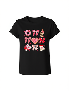 T-shirt da donna taglie forti con stampa fiocco e ciambella caffè, girocollo, manica corta, top casual per San Valentino in tessuto a maglia con spandex - Product Image 1