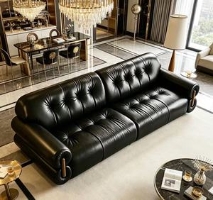 Premium Black Tufted Leather 3-Seater <b>Sofa</b> Roll Arm Button Tufted Couch For Luxury Living Room - Product Image 4