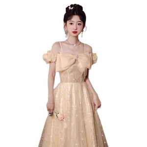 Champagne Evening Gown Empire Waist Halter Neckline <b>Large</b> <b>Bow</b> 3D Pattern Coming Of Age Ceremony Dress - Product Image 5