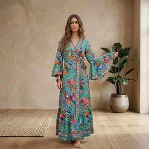 <b>Boho</b> Maxi <b>Dress</b> V-Neck Lantern Sleeve Tropical Print Silk Loose Fit <b>Summer</b> Wrap <b>Dress</b> Women Casual Wear - Product Image 3