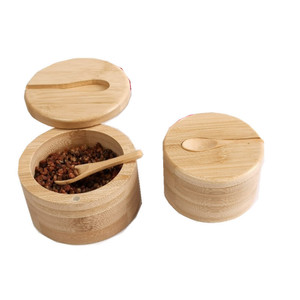 Bamboo and wood salt box with spoon, kitchen <b>spice</b> <b>jar</b>, magnetic rotating lid, solid wood seasoning box, household seasoning - Product Image 5