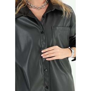 Camisa de Cuero para Mujer, Manga Larga, Estilo Utilitario, Tejido Marrón, para Otoño - Product Image 1