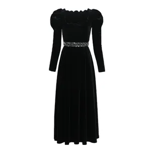 Maxi vestido de noite feminino, vestido preto de manga longa com zíper escondido no ombro caído adulto para mulheres 2020