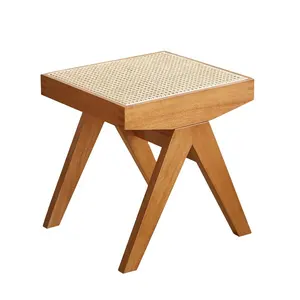 Taburete de cama tejido de ratán de madera maciza para dormitorio, taburete para cambiar zapatos