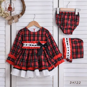 Retro Vintage Toddler 3 Pieces Kids Clothes Set Cotton Little Girl Elastic Waistband Red Check Birthday Spanish Girl Dress